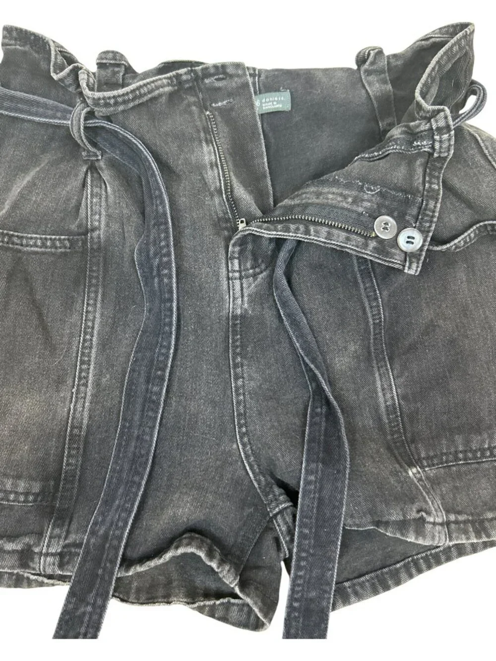Denim & Co High Waisted Paperbag Shorts Sz 10 Black Denim Tie Waist Casual Chic